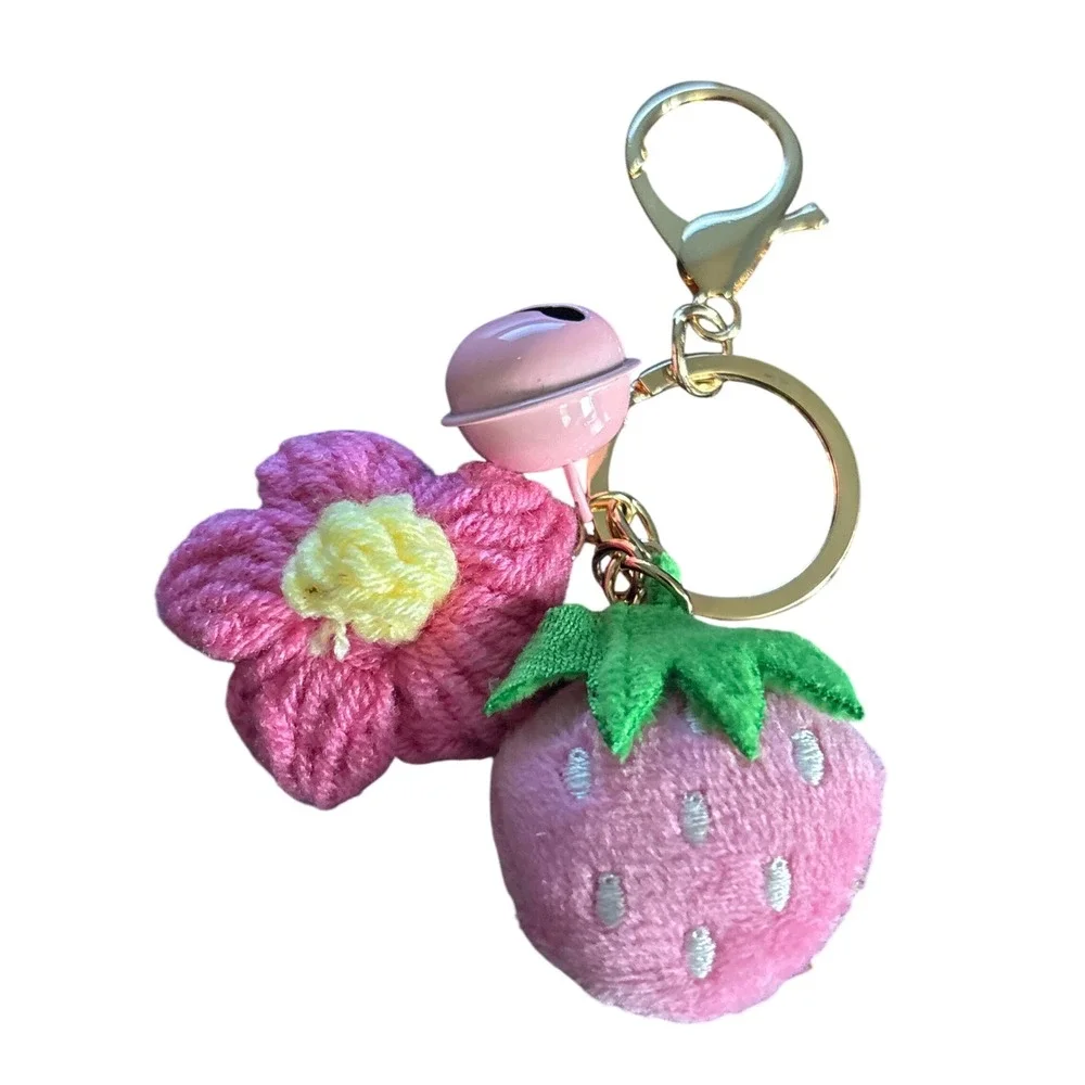 Handmade Pink Strawberry and Flower Plush Keychain with Bell Gold Tone Hardware